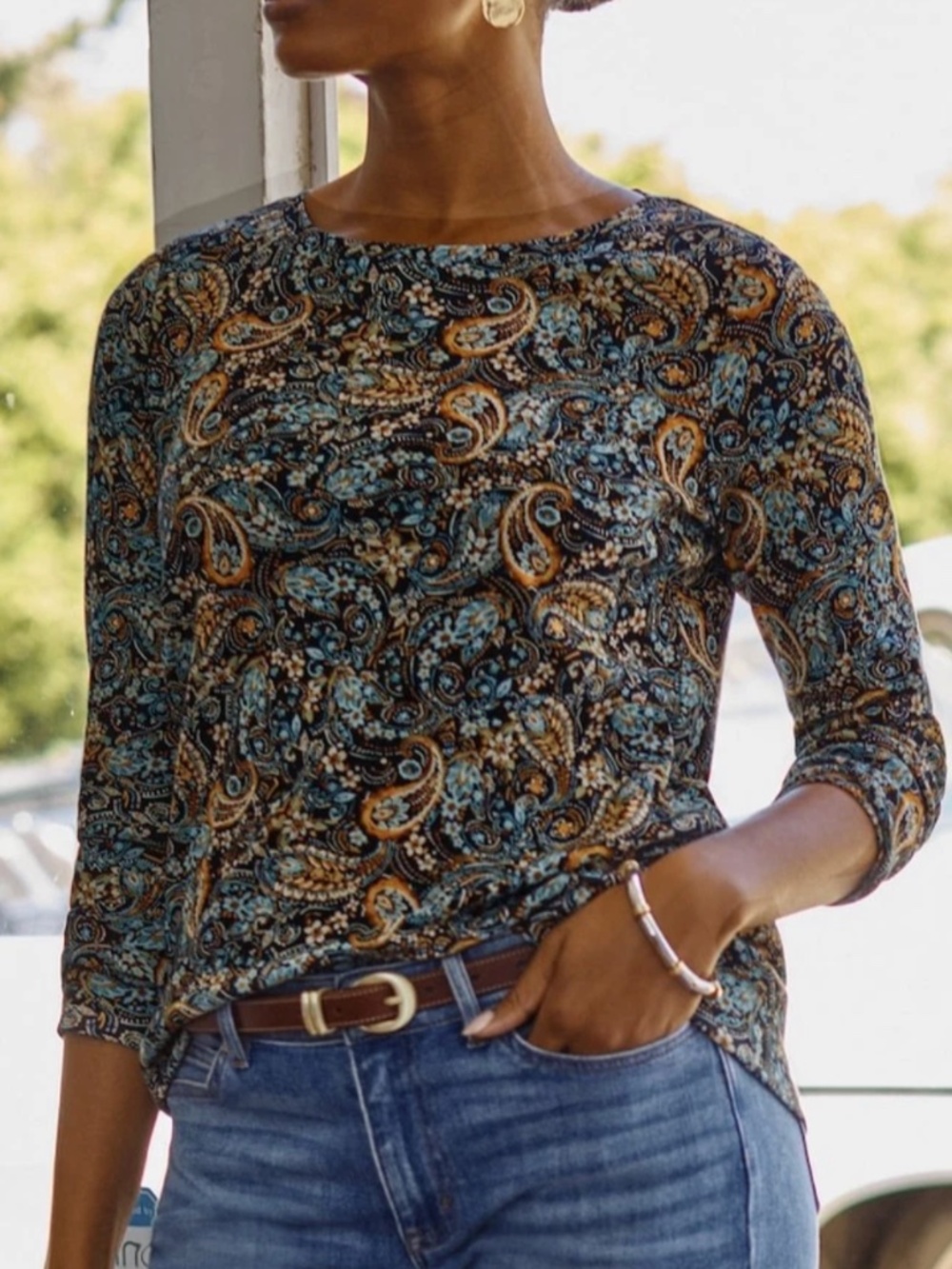 J. Jill Pima Long-Sleeve Crew-Neck Tee in Black Autumn Paisley Size S